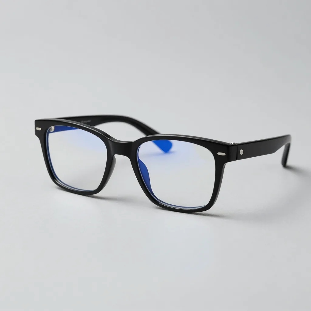 Classic black blue-light glasses on a pale background