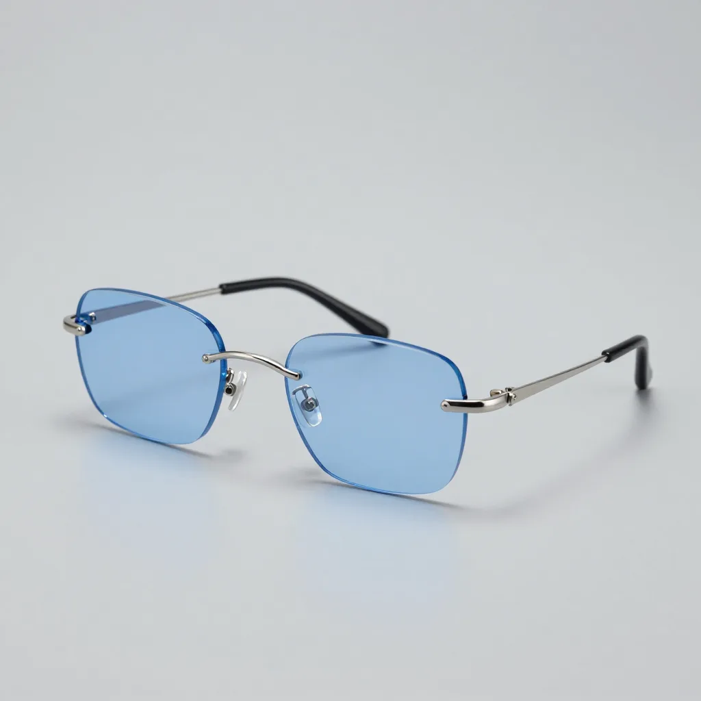 Rimless blue-light glasses on a pale background