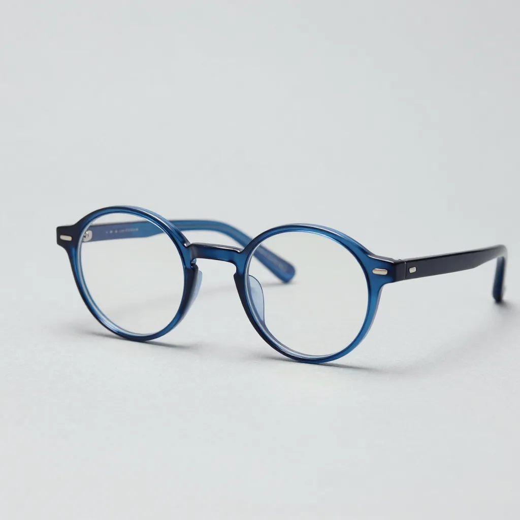 Round acetate blue-light glasses on a pale background