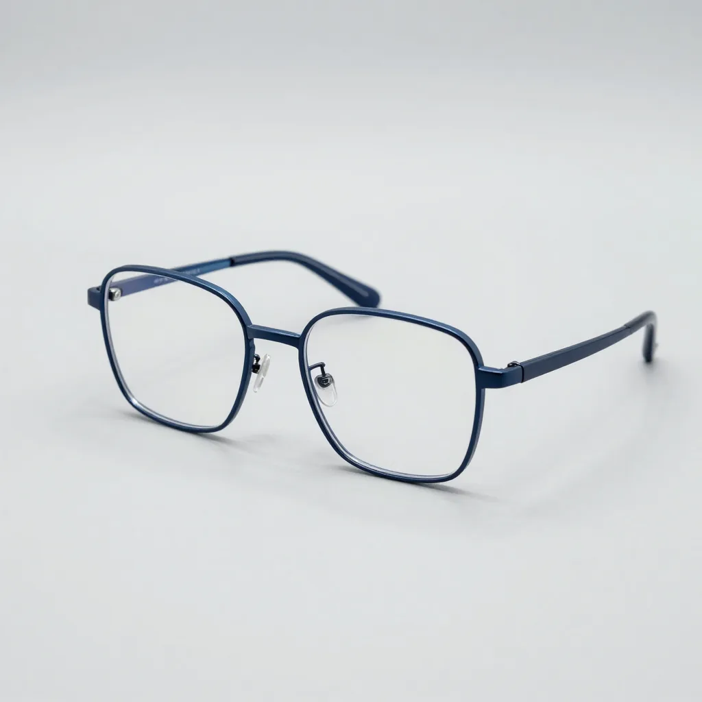 Square metal blue-light glasses on a pale background