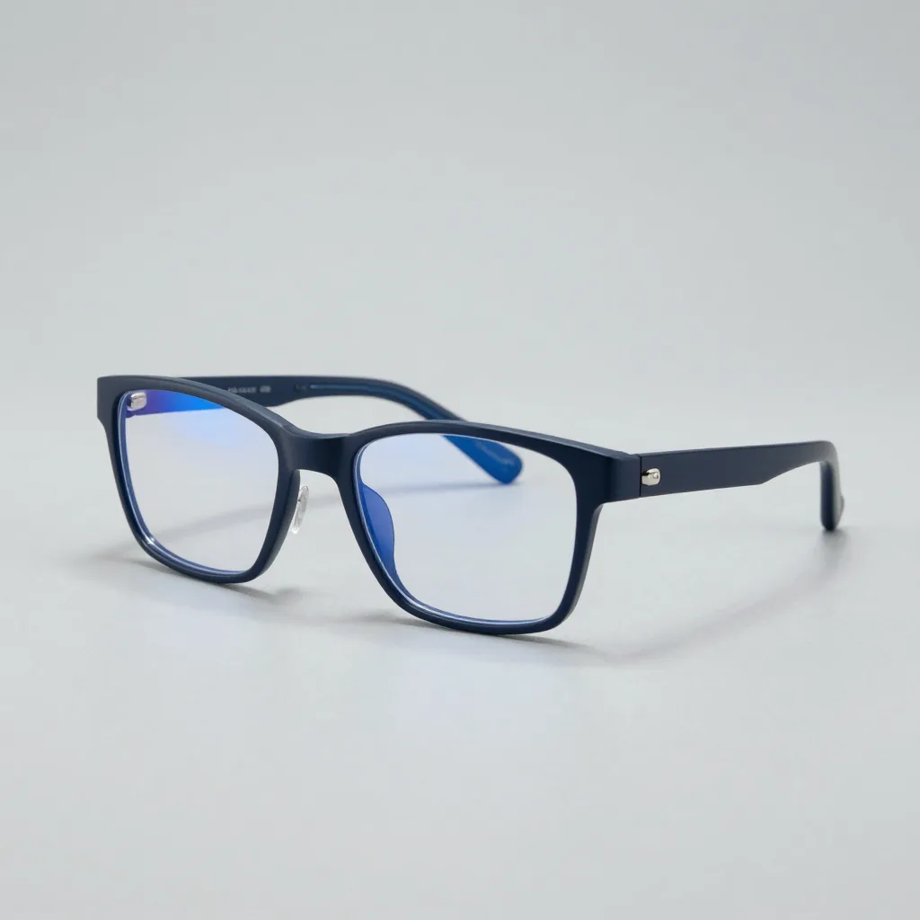 Lightweight travel blue-light glasses on a pale background