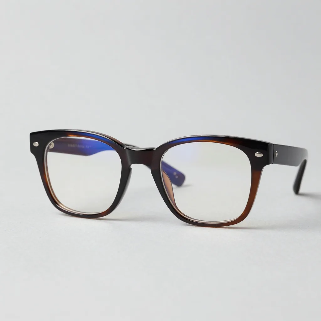 Deep amber night blue-light glasses on a pale background