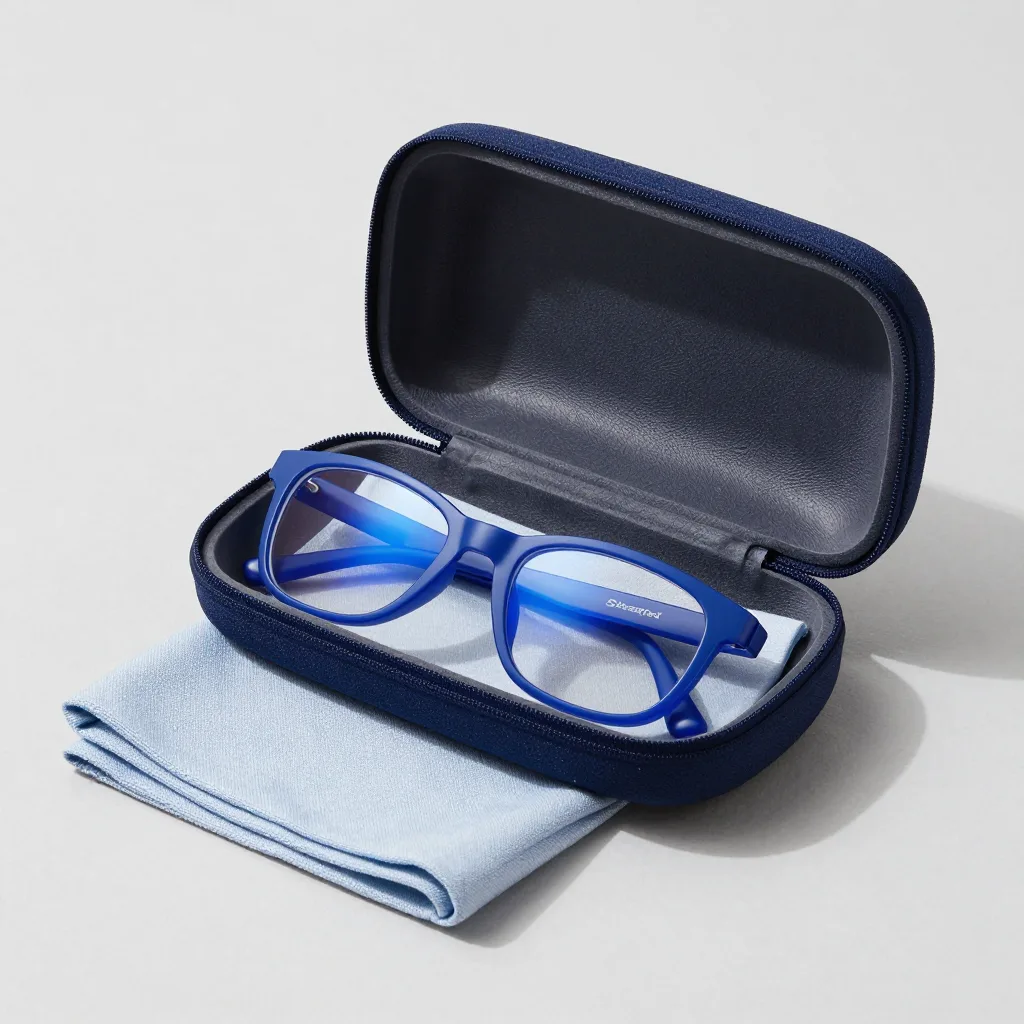 A blue-light glasses gift set on a pale background